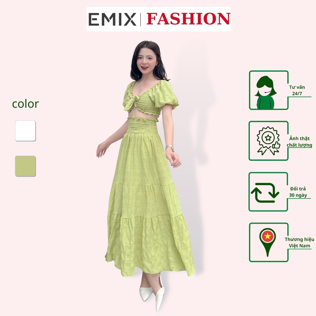 Set áo croptop kèm chân váy EMIX (2 màu), đầm maxi đi biển, đi chơi, dáng dài tới gót, bo chun, chất đũi hàn 2094