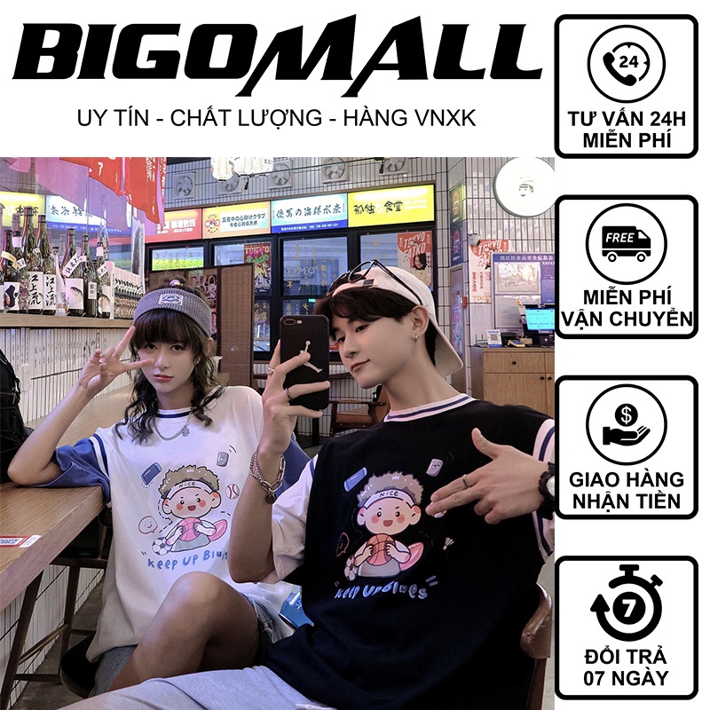 Áo thun tay lỡ Cậu Bé Keep phối tay BIGOMALL - Áo phông bóng rổ nam nữ unisex Freesize Form Rộng 65kg
