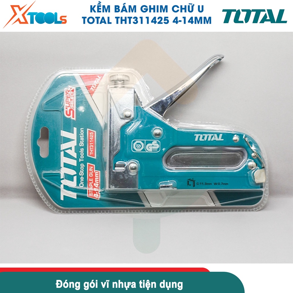 Kềm bấm ghim chữ U TOTAL THT311425, Kìm bấm ghim 4 - 14mm, đường kính ghim 0.7mm, đầu ghim 11.3mm [CHÍNH HÃNG][XTOOLS]
