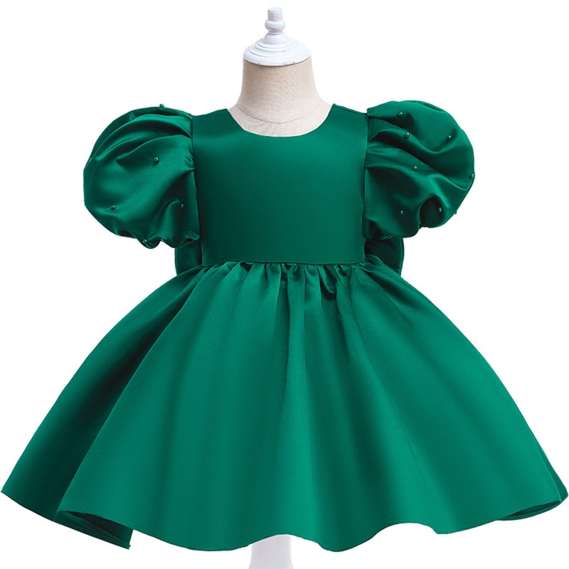 Đầm Công Chúa Vải Satin Cổ Tròn Tay Ngắn Phồng Đính Hạt Ngọc Trai Giả Thắt Nơ Lưng Cho Bé Gái