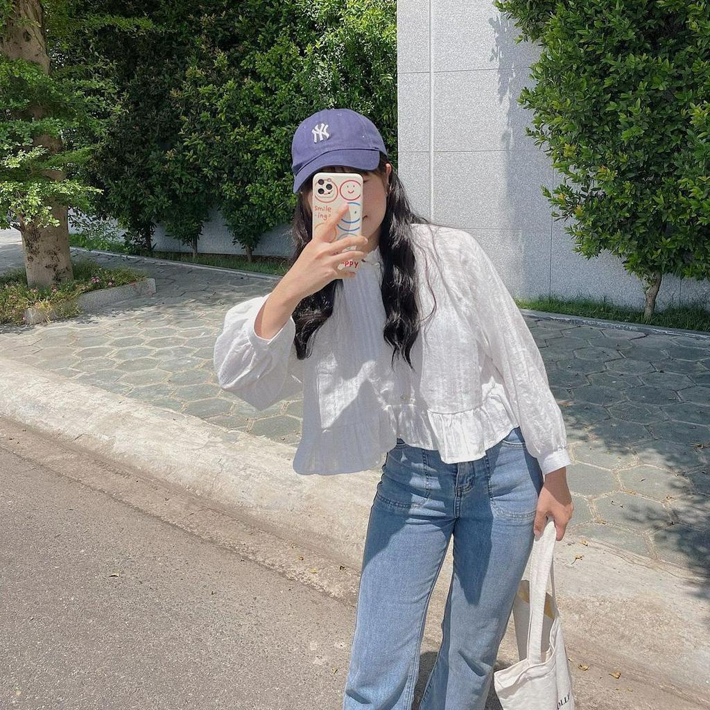 Áo Sơ Mi Trắng Dáng Baby Doll Croptop Dài Tay Phối Bèo Đáng Yêu