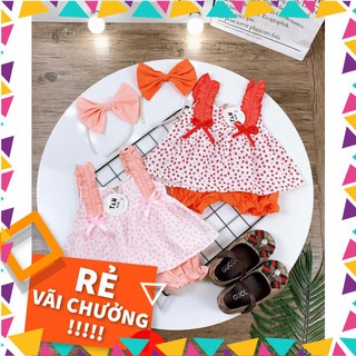 Set Bộ Đũi Hai Dây Bèo Chấm Bi Đáng Yêu + Bờm Nơ Xinh Xắn Cho Bé Gái (SB005)