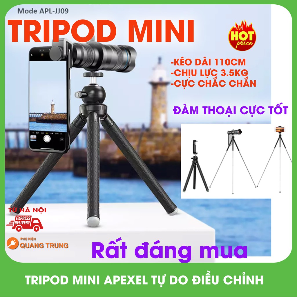Tripod mini apexel,chân máy ảnh siêu cứng chắc APL-JJ09,dài lên đến 110 cm,tặng kẹp điện thoại