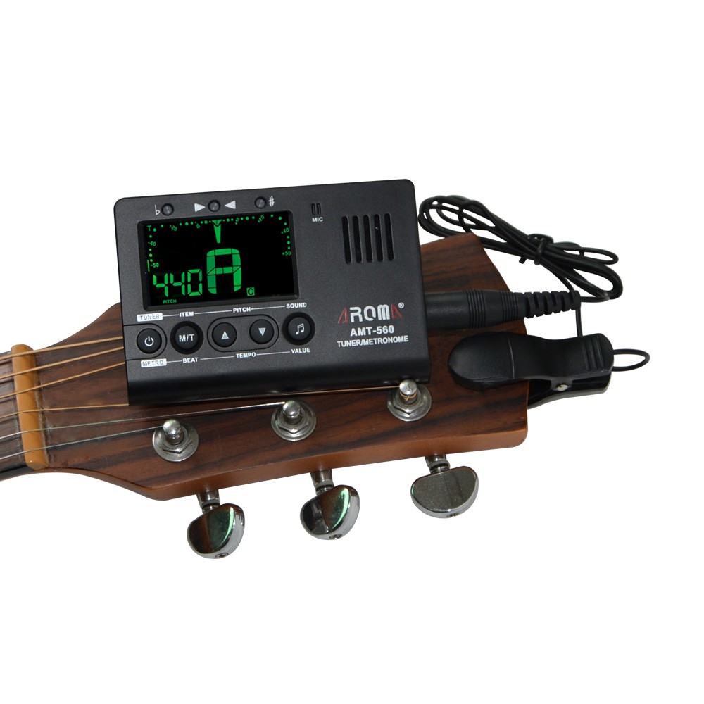 Ĩ Aroma AMT-560 Electric Tuner & Metronome Built-in Mic with Pickup Cable 6.3mm for Guitar Chromatic Bass Violin Ukulele