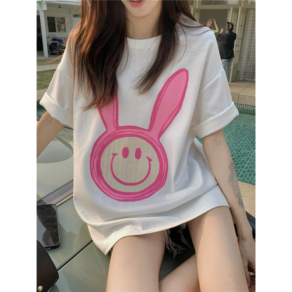 Áo Thun cotton Dáng Rộng In Họa Tiết Thỏ Hoạt Hình Xinh Xắn Thời Trang Mùa Hè Cho Nữ