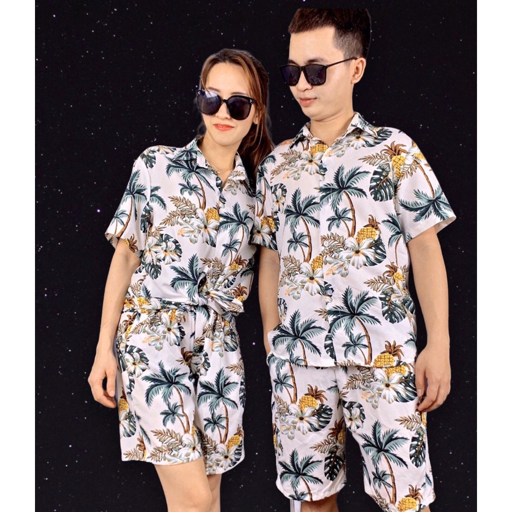 Bộ sơ mi hoa lá mặc đồng phục nhóm đi biển, team building, chụp ảnh kỷ yếu đủ size nam nữ vải Kate Thái Bin Sport QB006