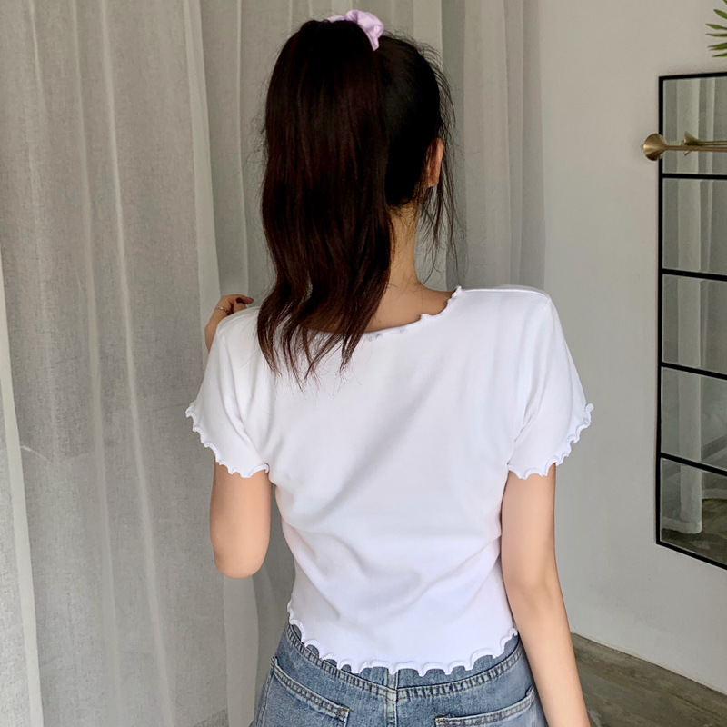 Áo Croptop Tay Ngắn Hoạ Tiết Thêu Phong Cách Hàn Quốc