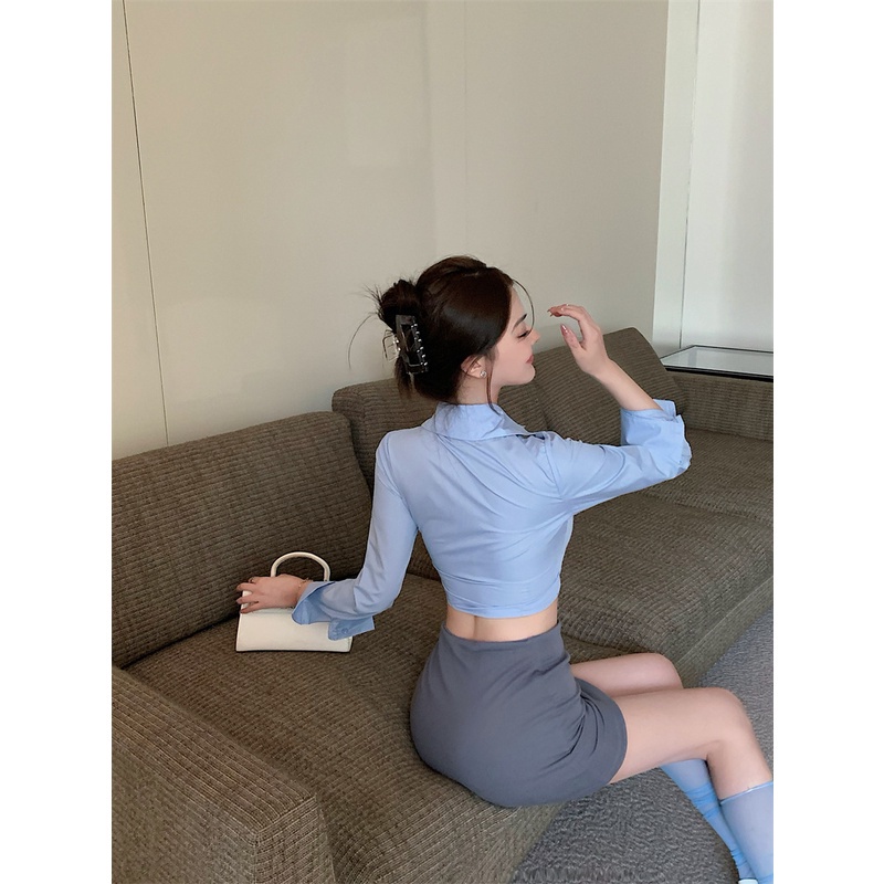 Áo Croptop Tay Dài Cổ Polo Thiết Kế Mới Dáng Ôm Thời Trang Trẻ Trung Cho Nữ