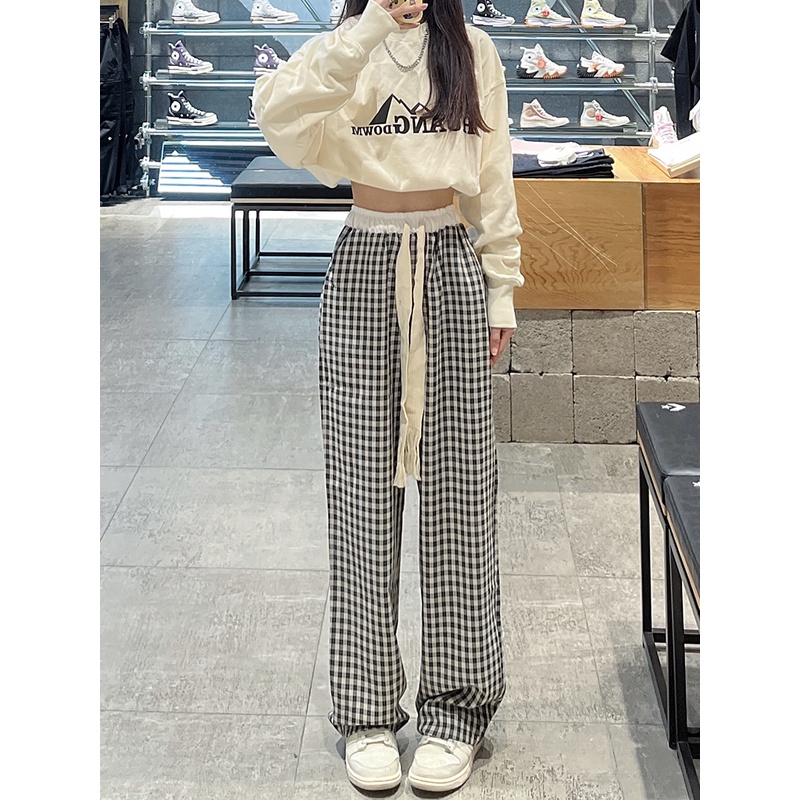 Thời Trang Quần Dài Ống Rộng Họa Tiết Caro Phong Cách retro