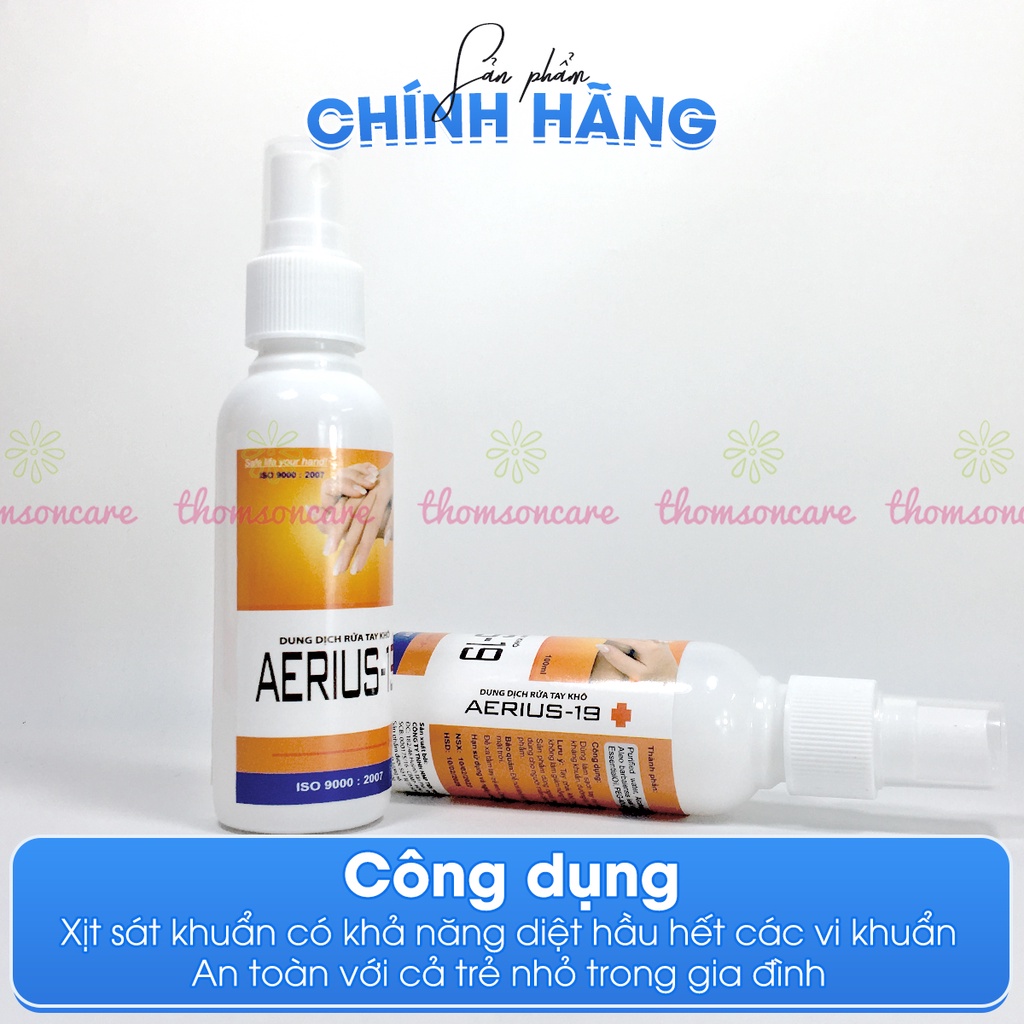 Nước rửa tay khô AERIUS 100ml dạng xịt sát khuẩn nhanh diệt khuẩn, bộ y tế cấp phép, kháng khuẩn