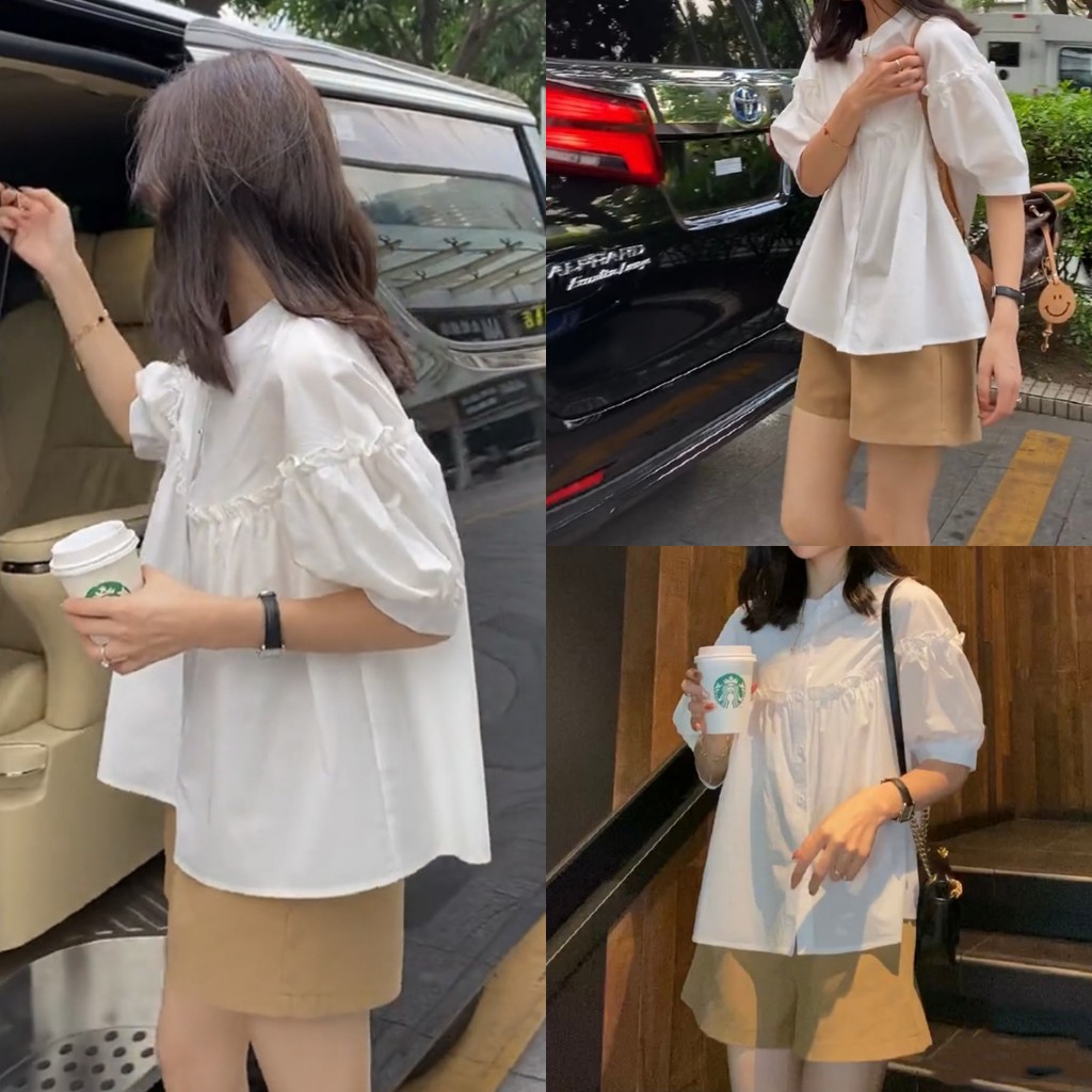 SET áo babydoll trắng tay phồng chun ngực mix quần short nâu ulzzang - SET10FG