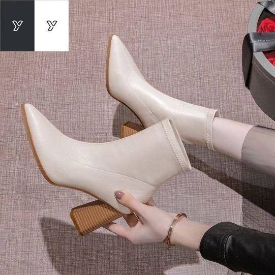 ✘✤✗Giày bốt ngắn gót dày của phụ nữ mùa xuân và thu đơn 2022 đông mới mũi nhọn cao màu nude ống giữa mỏng đàn hồi khởi đ