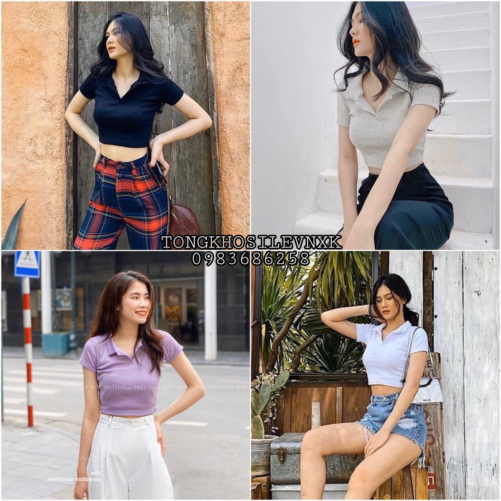 ÁO POLO CROPTOP LEN TĂM ĐEN TRẮNG XÁM TÍM ULZZANG - CROPTOP LEN TĂM CỔ BẺ BASIC