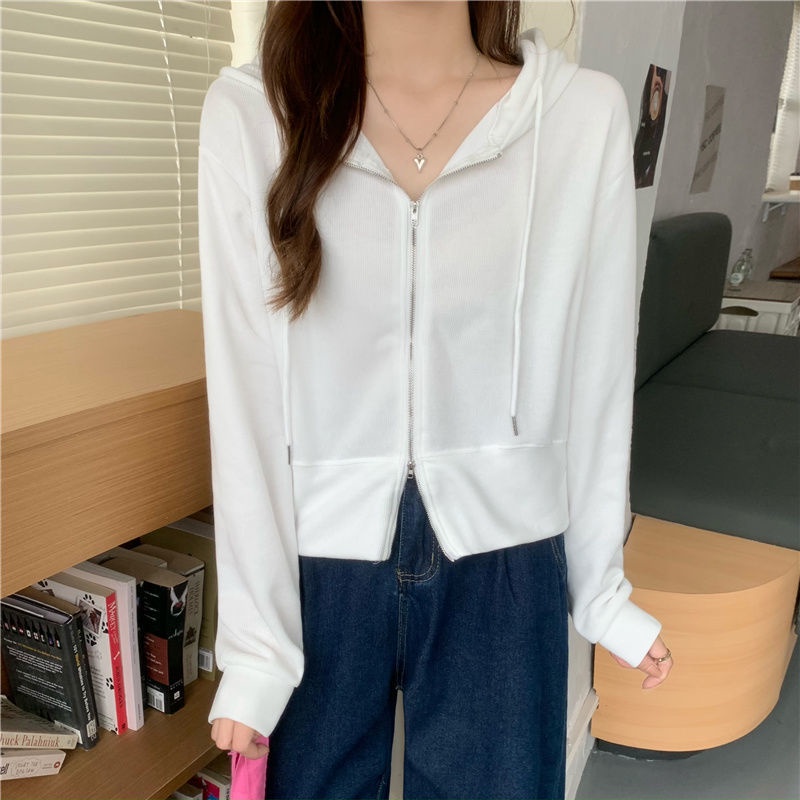 Áo Khoác Cardigan Cotton Màu Trơn Tay Dài Dáng Rộng Cổ polo Có Khóa Kéo Phong Cách Hàn Quốc Thời Trang Thu Đông Mới Cho Nữ