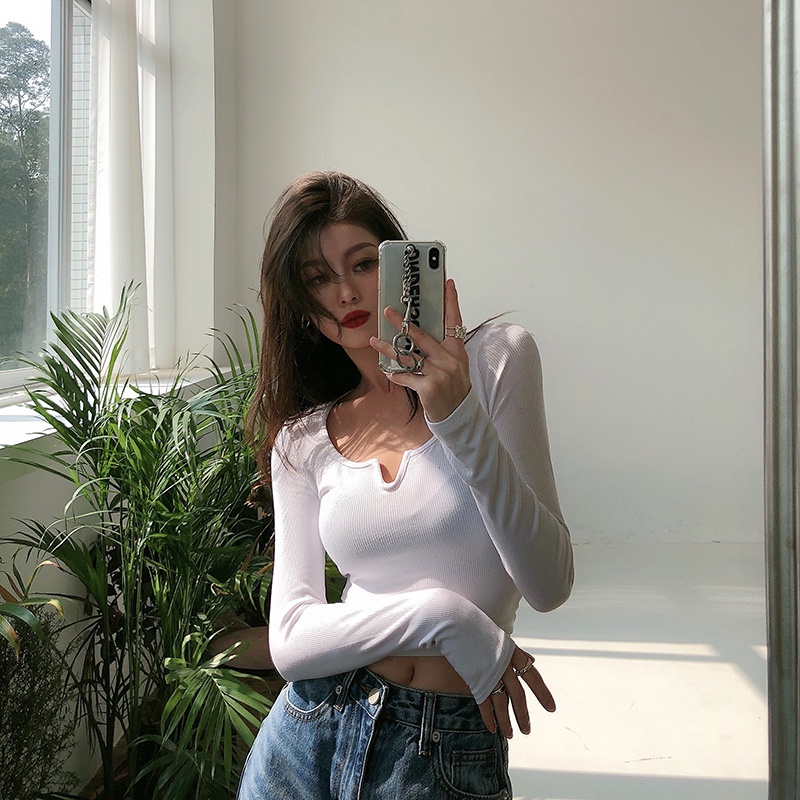 Cocory vn Áo thun croptop tay dài ôm dáng 4 màu tùy chọn phong cách thời trang cho nữ