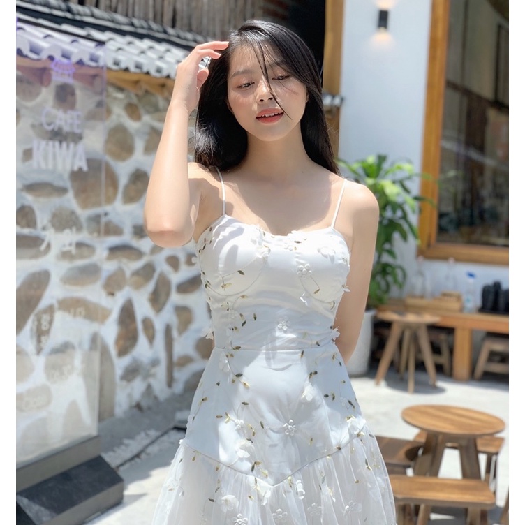 Váy voan 2 dây hoa nổi