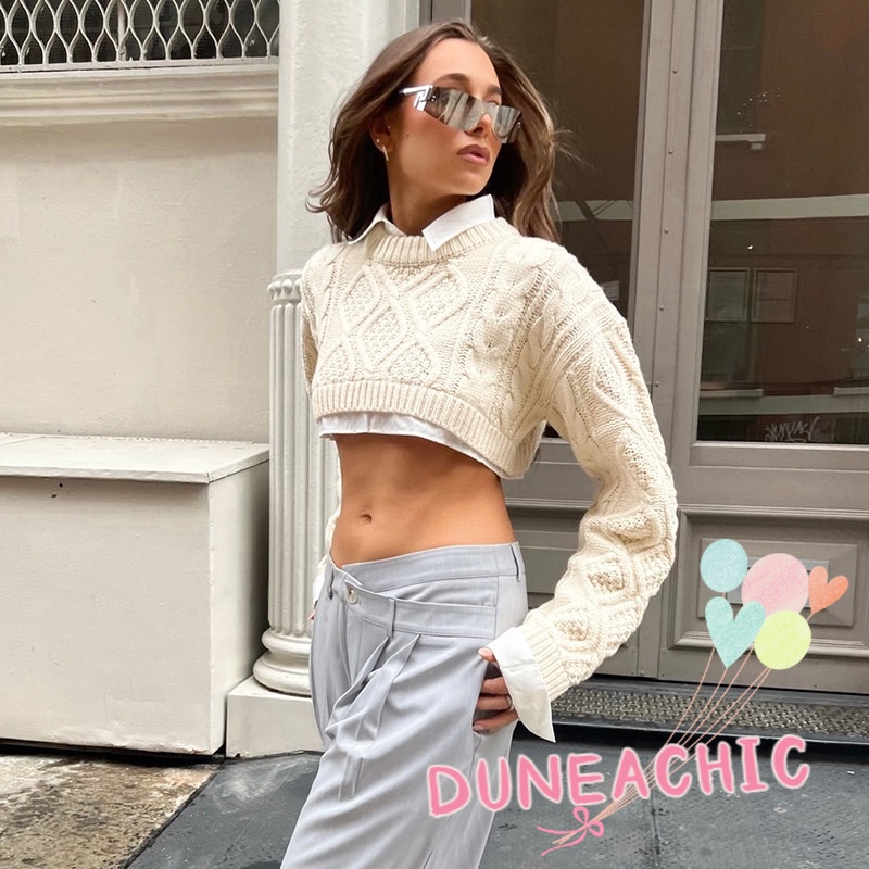 DUNEA Áo Sweater Dệt Kim Tay Dài Cổ Tròn Dáng Rộng Kiểu Đường Phố Cá Tính Cho Nữ