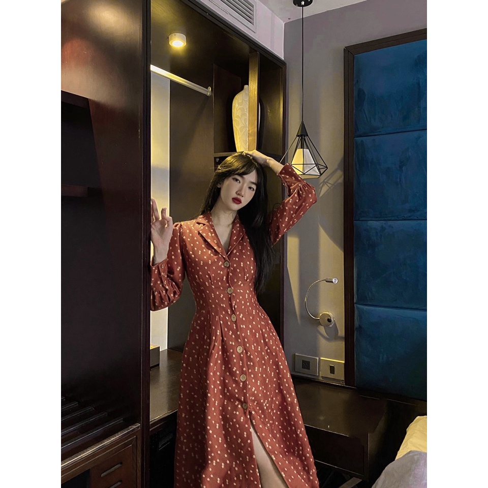 Đầm midi hoa nhí nâu tây vintage tay phồng dài NÀNG CLOSET