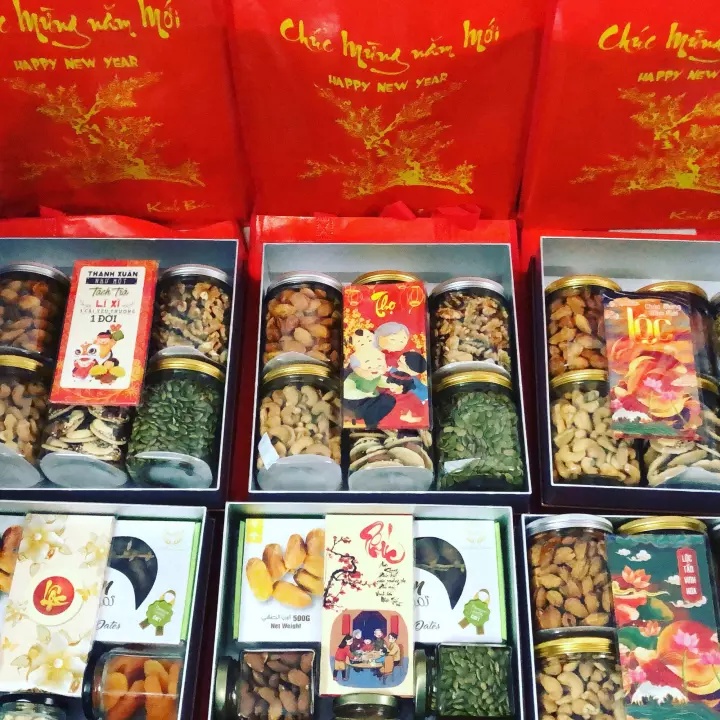 Hộp quà tết gồm 6 loại hạt dinh dưỡng tốt cho sức khoẻ, phù hợp tặng cho đối tác, người thân và bạn bè