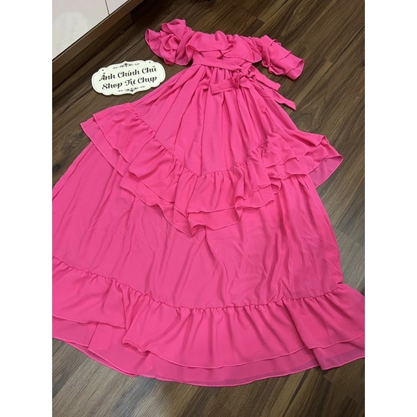Đầm maxi hồng đi biển bèo kèm ảnh sàn