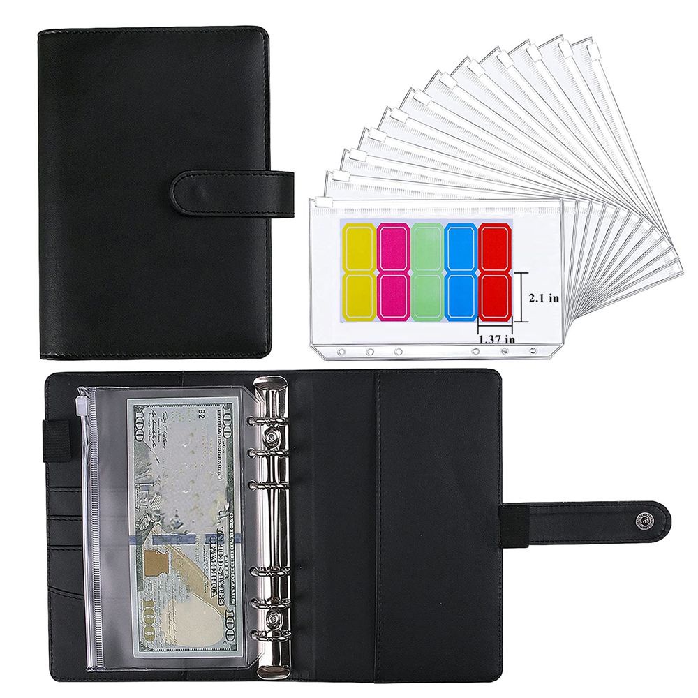 Bìa sổ còng da PU nhiều màu tùy chọn khổ A6 kèm 12 túi phòng bì đựng tiền mặt và nhãn dán dùng lên kế hoạch chi tiêu