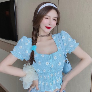 Áo croptop xanh cúc trắng cổ vuông xinh xắn (hình thật trải sàn)