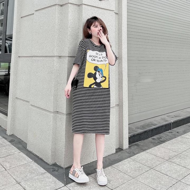 Đầm thun cotton họa tiết hoạt hình chuột goofy Váy suông ngắn tay cổ tròn