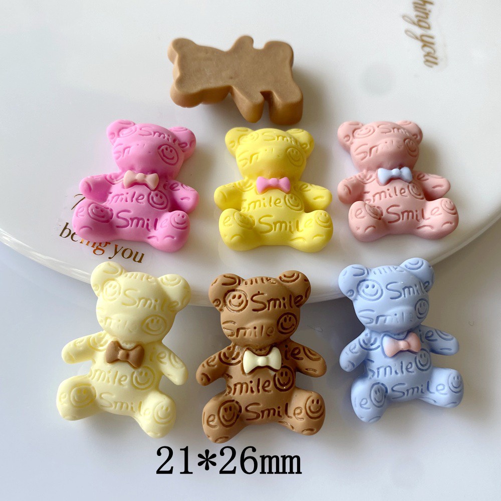 Charm (C526) slime/ Dụng Cụ Charm Trang Trí Hình Gấu Teddy  Đeo Nơ Khắc Chữ Smile (Kích thước - 2.1x2.6cm) - Giá 1 cái