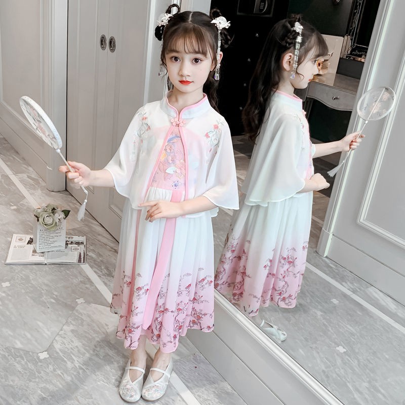 áo bé gái size đạiquần bò bé gái♣✺Cô gái Hanfu quần áo mùa hè mới Tang phù hợp với phong cách phương Tây trẻ em váy cổ t