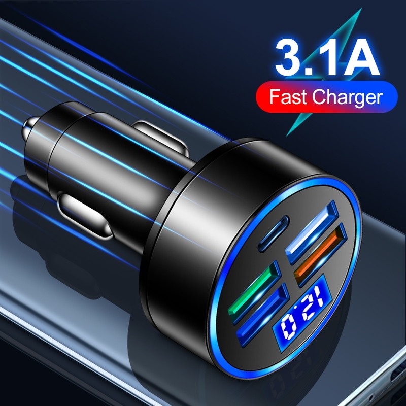 Bộ Sạc Xe Hơi 15.5W 4 Cổng USB Type c Có Màn Hình Hiển Thị Điện Áp