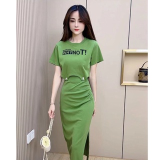 [Cotton Tinh Khiết] Bộ Đồ Hai Mảnh Dài Đến Giữa Bắp Chân Xẻ Tà In Chữ Phong Cách Nổi Tiếng Thời Trang Mùa Hè Dành Cho