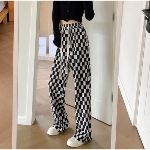 Quần Dài Ống Rộng Lưng Cao Họa Tiết Sọc Caro Trắng Đen Thời Trang Xuân Hè Cho Nữ