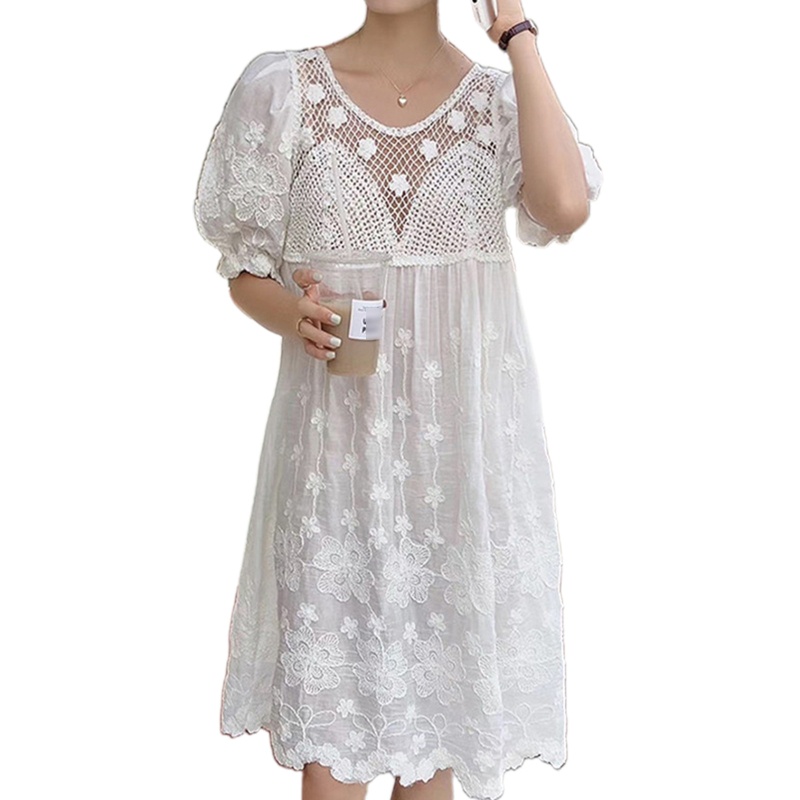 Đầm Midi Dáng Dài Đan Móc Tay Phồng Cổ Tròn Phối Ren Hoa Thời Trang Cho Nữ