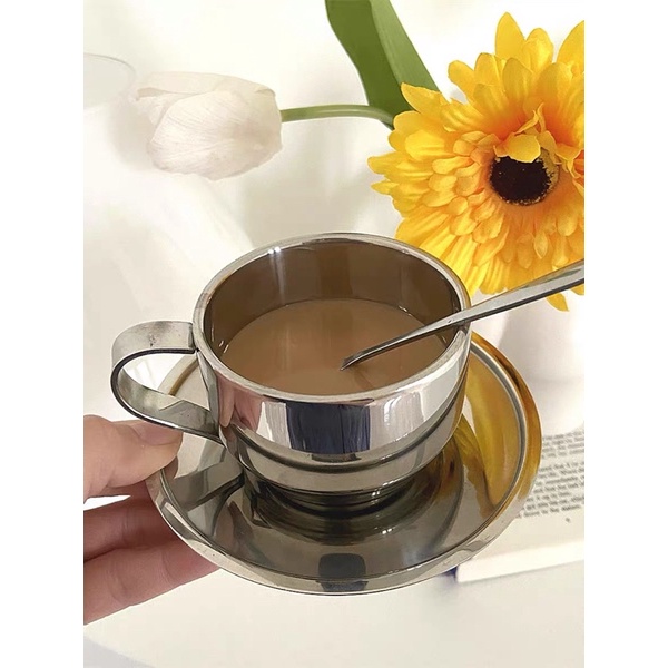 Bộ cốc đĩa bằng thép chống rỉ uống trà café