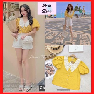 Áo dáng suông cổ ren siêu xinh , sơmi tay bồng có khuy