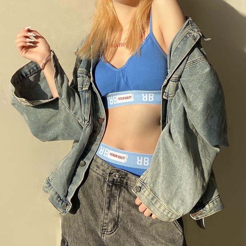 (NGỘ SẴN) Bộ đồ lót thể thao RB áo hai dây có mút và quần lót cạp cao màu xanh | BigBuy360 - bigbuy360.vn