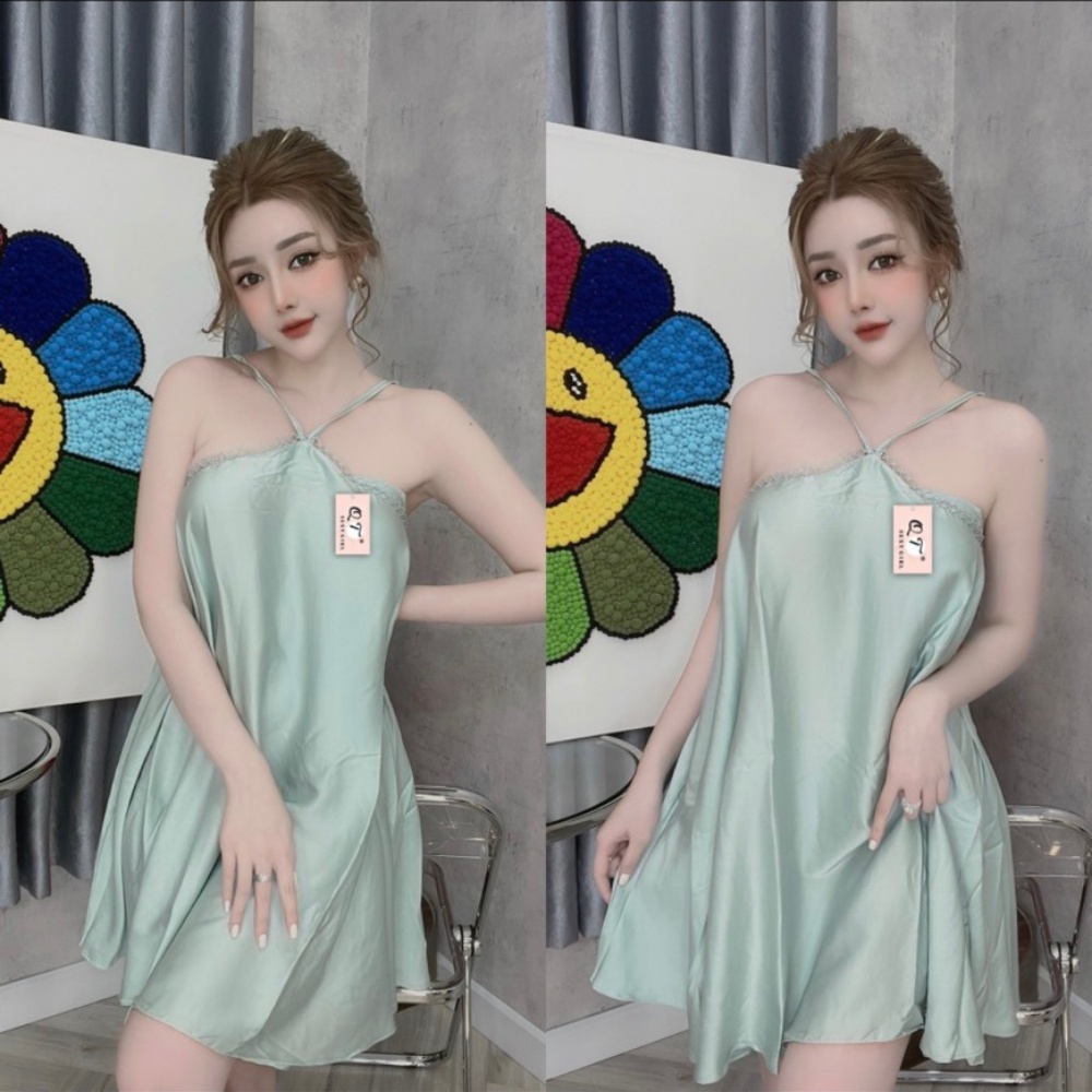 Váy ngủ sexy , kèm quần lụa satin trơn vãi siêu mát fom dưới 60 kg siêu đẹp, nhiều màu