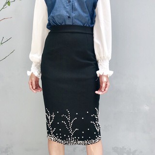 Chân váy phối đinh ngọc xẻ sau - chân váy bút chì - chân váy công sở đính ngọc big size