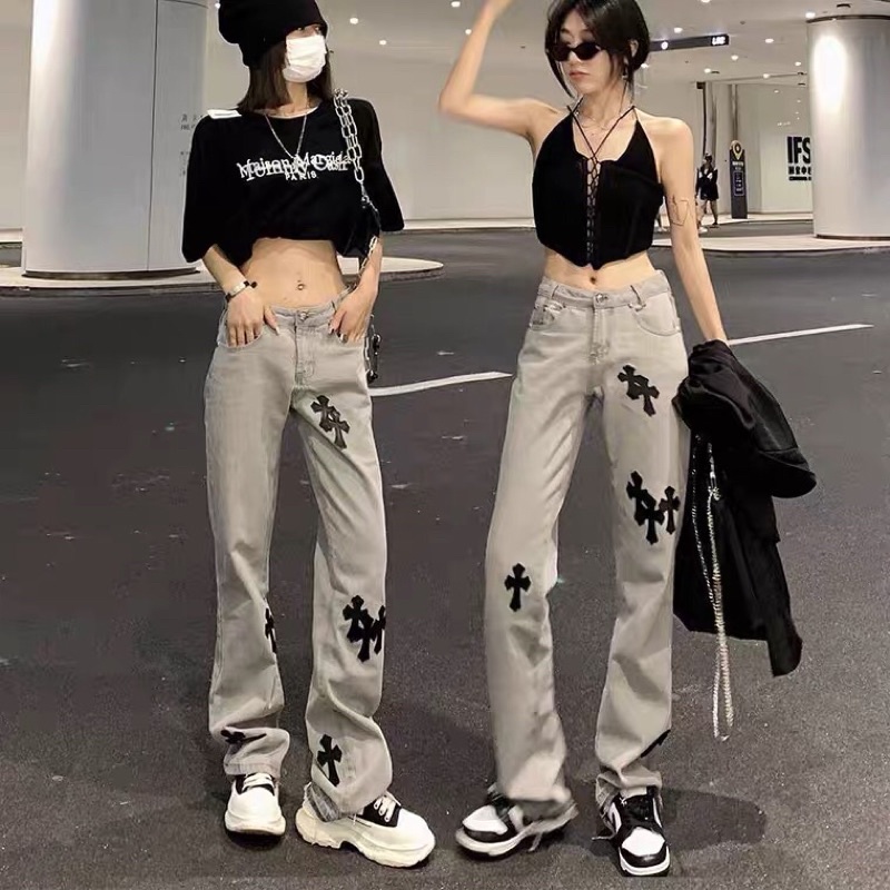 Quần Jeans Unisex 🐣 Quần Ống Xuông 🐣 Hoạ Tiết Chữ Thập HOT TREND [Có Ảnh Thật]