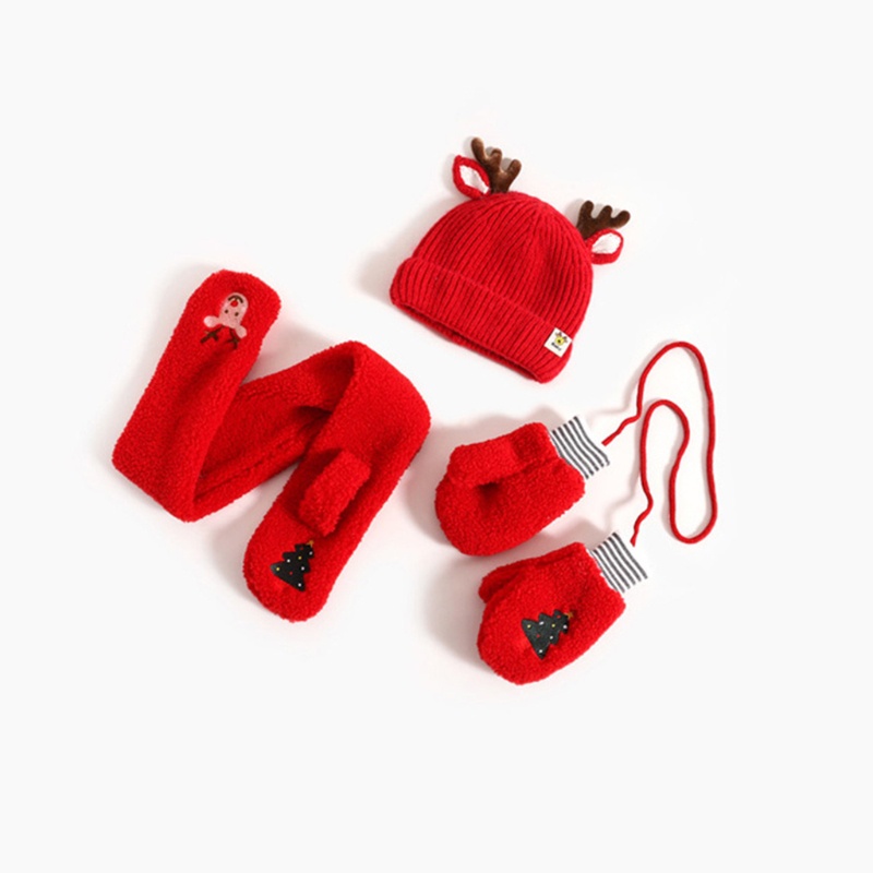 Bộ 3 Món Nón + Găng Tay + Khăn Choàng + Nón Len Hình Tuần Lộc Giáng Sinh Dễ Thương Cho Bé
