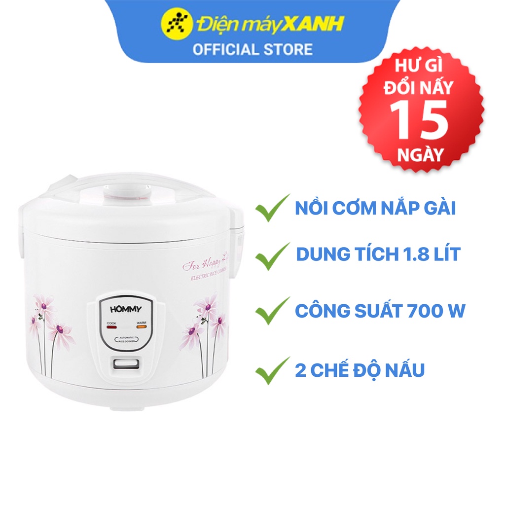 Nồi cơm điện nắp gài Hommy JRC-180F 1.8 lít  700 W lòng nồi chống dính - Chính hãng BH 12 tháng