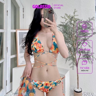 Bikini đồ bơi nữ 2 mảnh 3 món họa tiết hoa cam sexy kèm khăn cao cấp GALASSIA