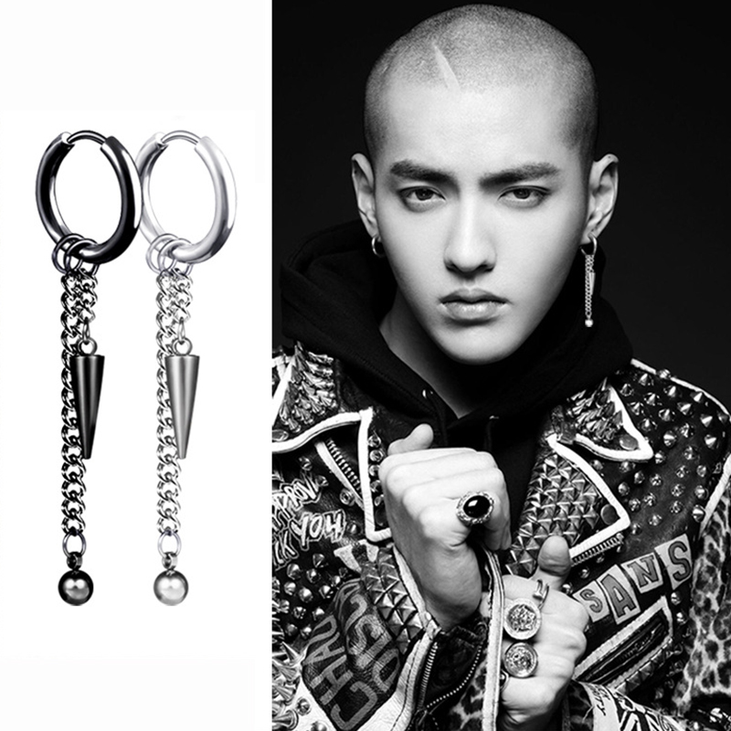 XiaoboACC 1 Piece Korean Fashion Hip Hop Chain Tassel Titanium Steel Earrings