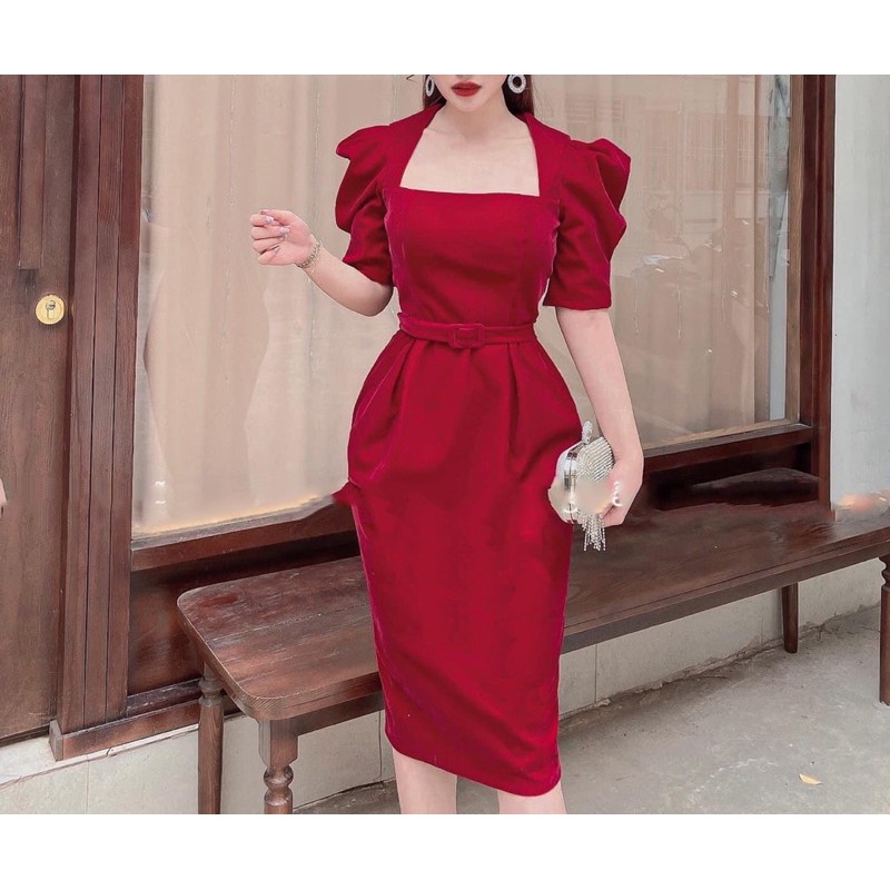 ĐẦM ĐỎ TAY LỠ KÈM BELT CỔ U