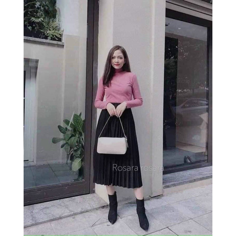 Chân váy dập li Hàn cạp chun dáng dài 70cm Basic Dễ Mix Đồ