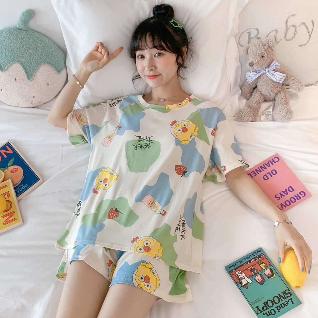 Bộ đồ ngủ tay ngắn dáng rộng in họa tiết hoạt hình dễ thương thời trang xuân hè cho nữ
