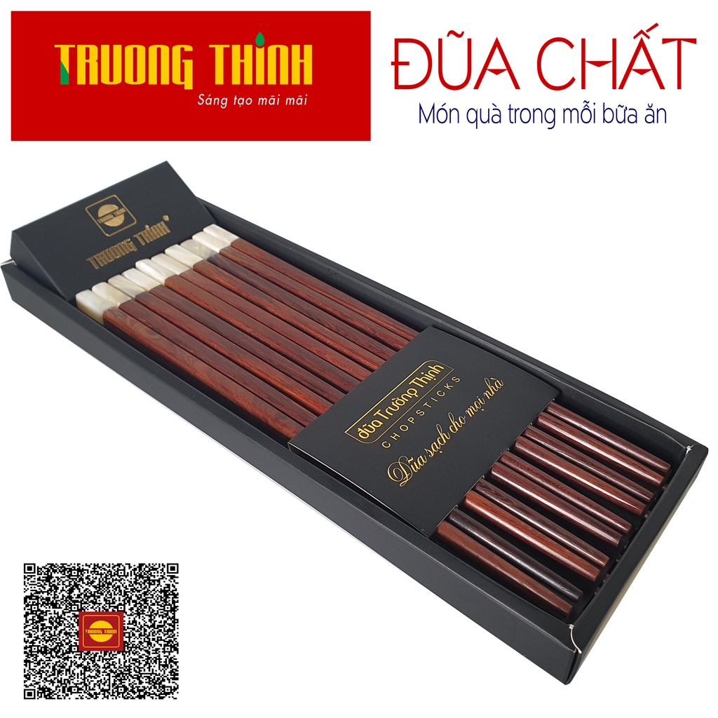 Đũa Gỗ Cẩm Lai Đầu Gắn Ngọc Trắng Liền Khối Cao Cấp - Hộp Màu Đen - 10 Đôi Vuông