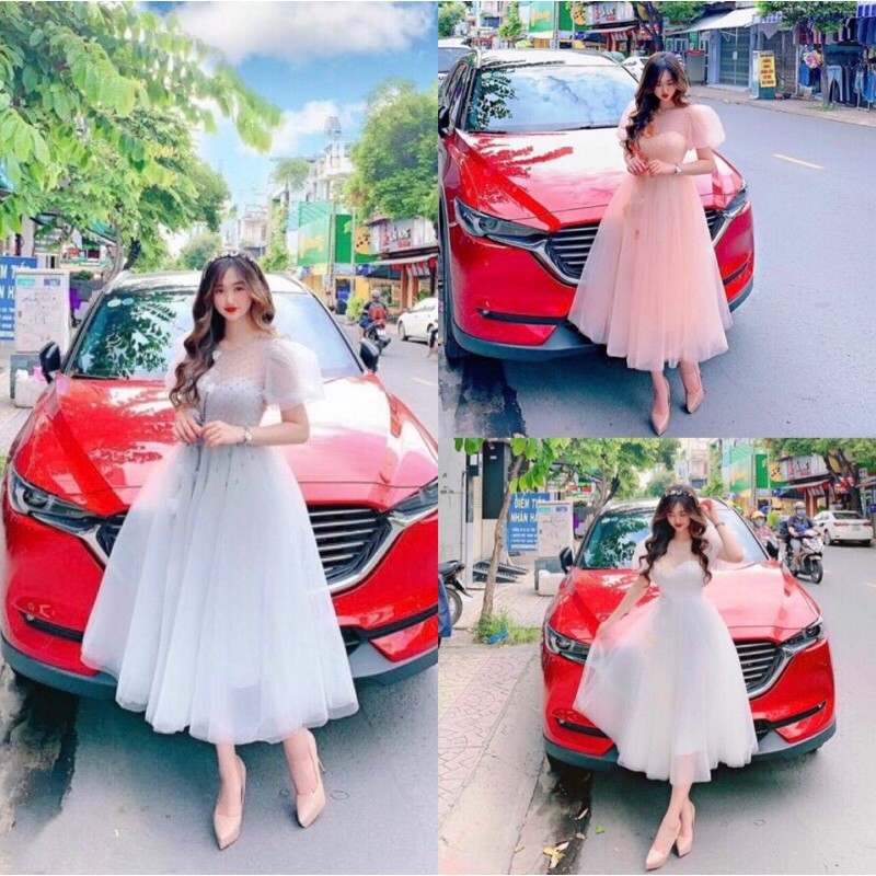 ẢNH VÀ VIDEO THẬT 1000% Đầm xoè tay phồng kết hoa thủ công