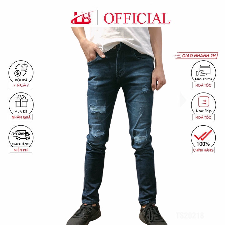 [Mã LT50 giảm 50k đơn 250k] Quần jean dài nam LB màu xanh rách đắp gối màu xanh jean phom body DNBB021 | BigBuy360 - bigbuy360.vn