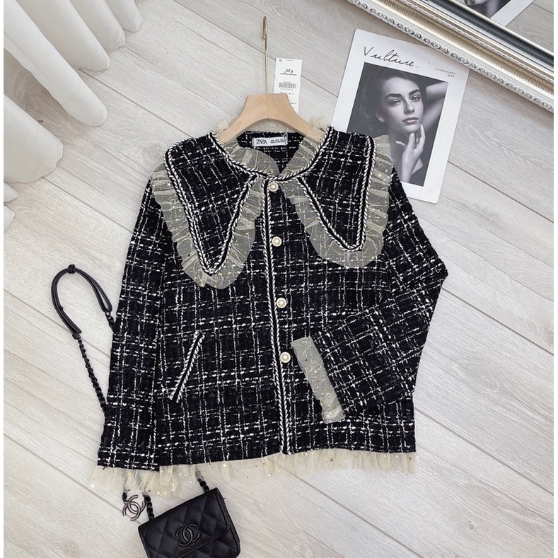 ÁO KHOÁC DẠ CARO TWEED PHỐI BÈO CÚC NGỌC SIÊU XINH XẮN / ÁO DẠ TWEED BÈO ĐEN | BigBuy360 - bigbuy360.vn